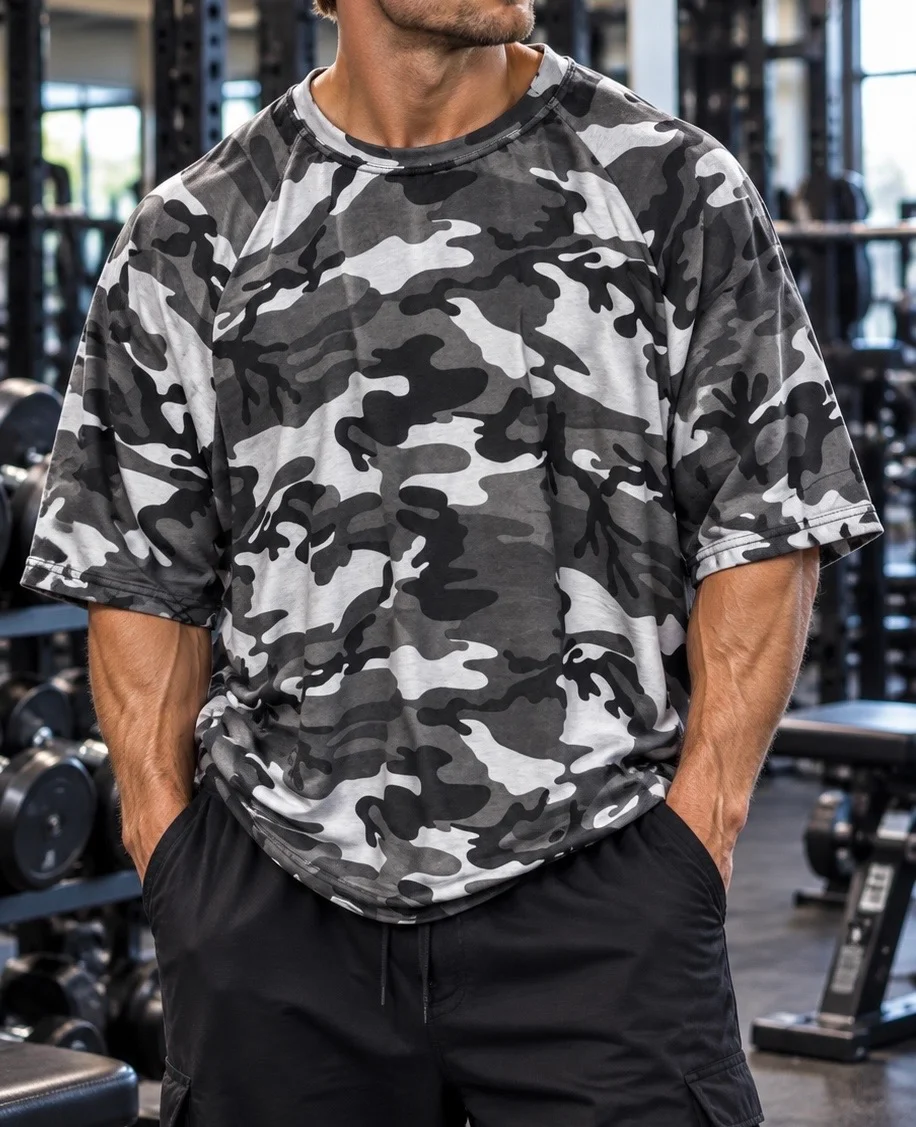 504 Mens Top 3/4 camo grey
